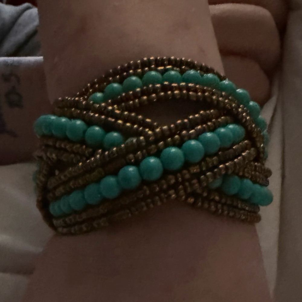 Turquoise and Gold Tone Beaded Multi-Strand Bracelet Cuff